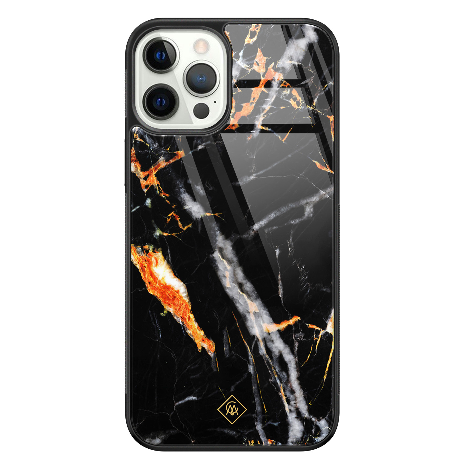 iPhone 12 Pro glazen hardcase - Marmer zwart oranje