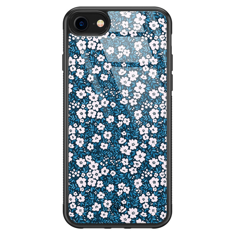 Casimoda iPhone SE 2020 glazen hardcase - Bloemen blauw