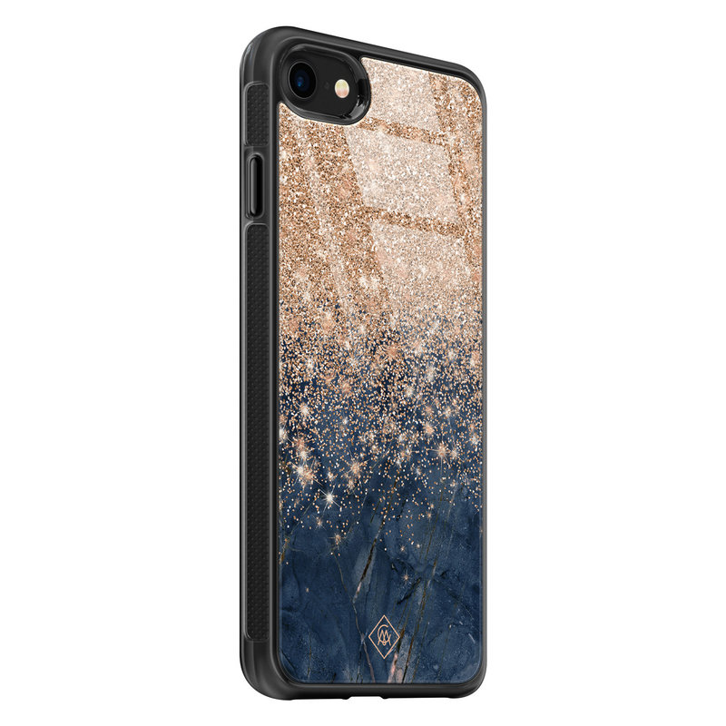Casimoda iPhone SE 2020 glazen hardcase - Marmer blauw rosegoud