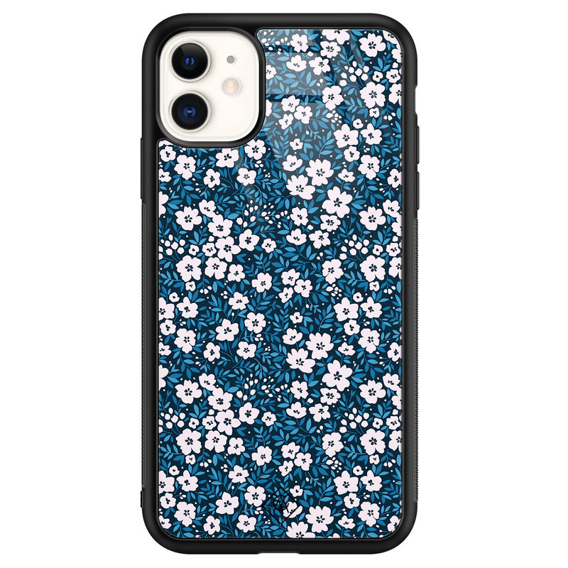 Casimoda iPhone 11 glazen hardcase - Bloemen blauw