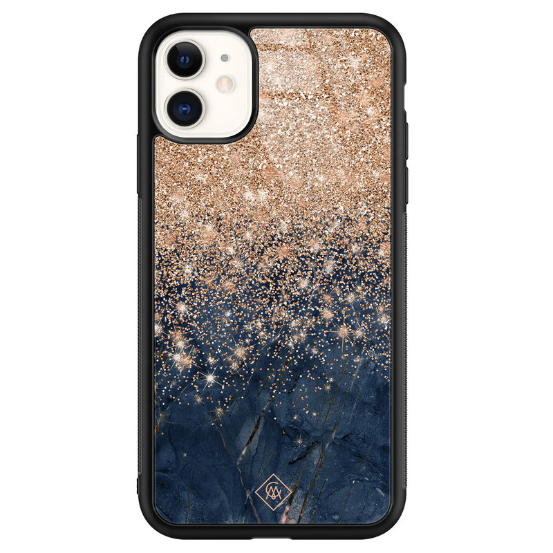 Casimoda iPhone 11 glazen hardcase - Marmer blauw rosegoud