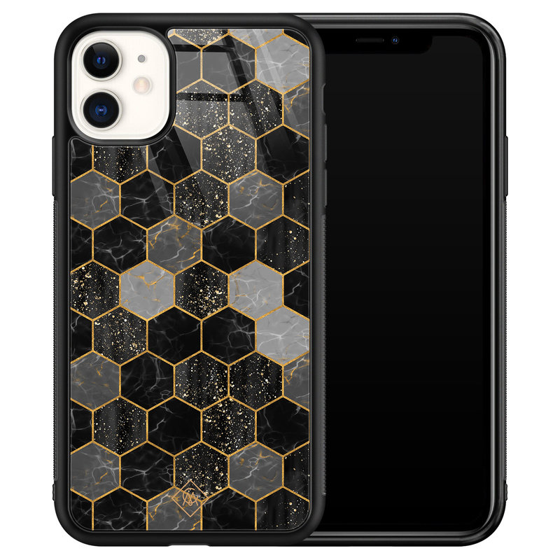 Casimoda iPhone 11 glazen hardcase - Hexagons zwart