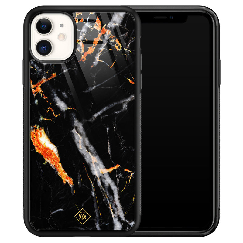 Casimoda iPhone 11 glazen hardcase - Marmer zwart oranje