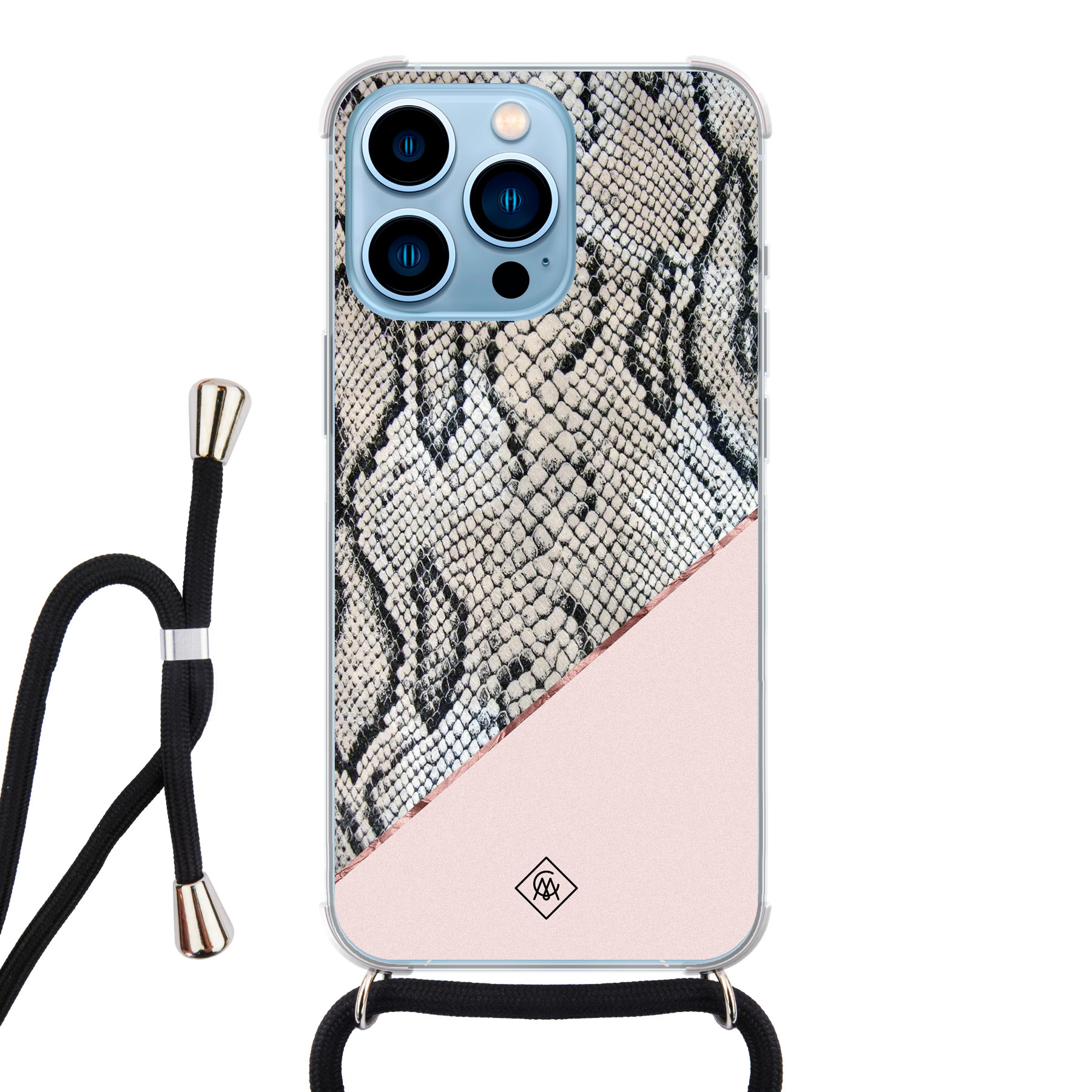 Empirisch passend academisch iPhone 13 Pro Max hoesje met koord - Snake print roze - Casimoda.nl