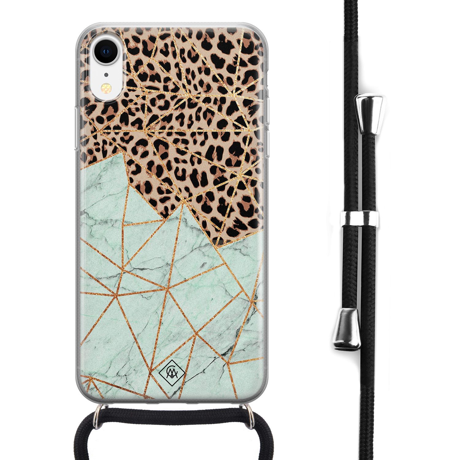 iPhone XR hoesje met koord Luipaard marmer mint