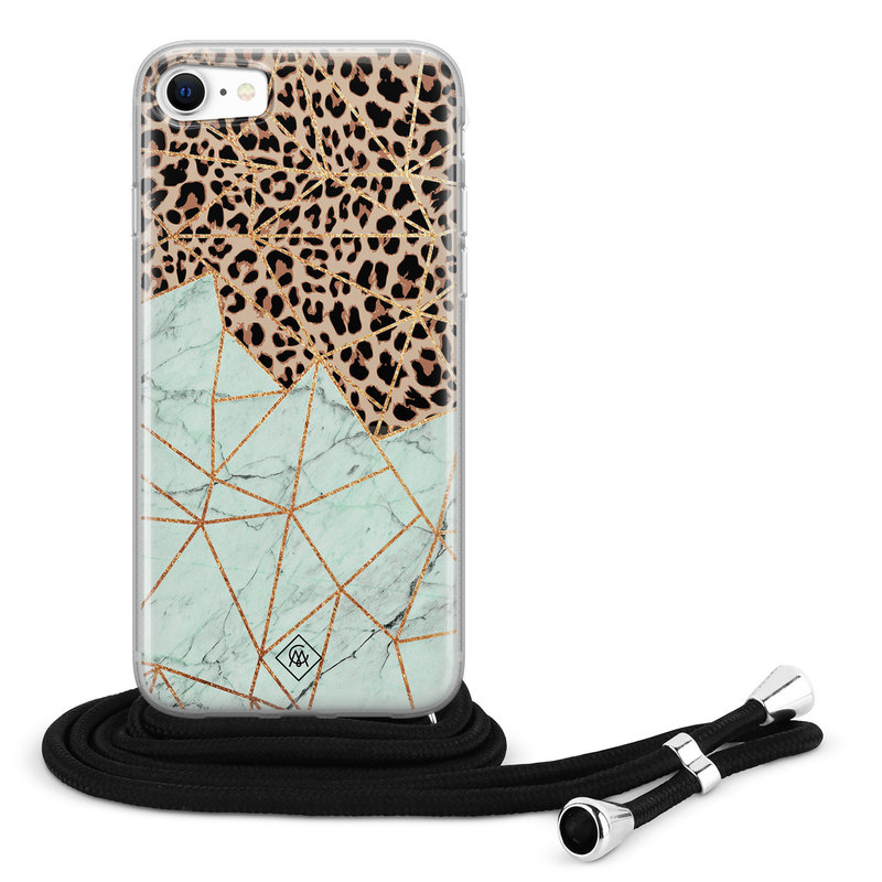 Casimoda iPhone SE 2020 hoesje met koord - Luipaard marmer mint