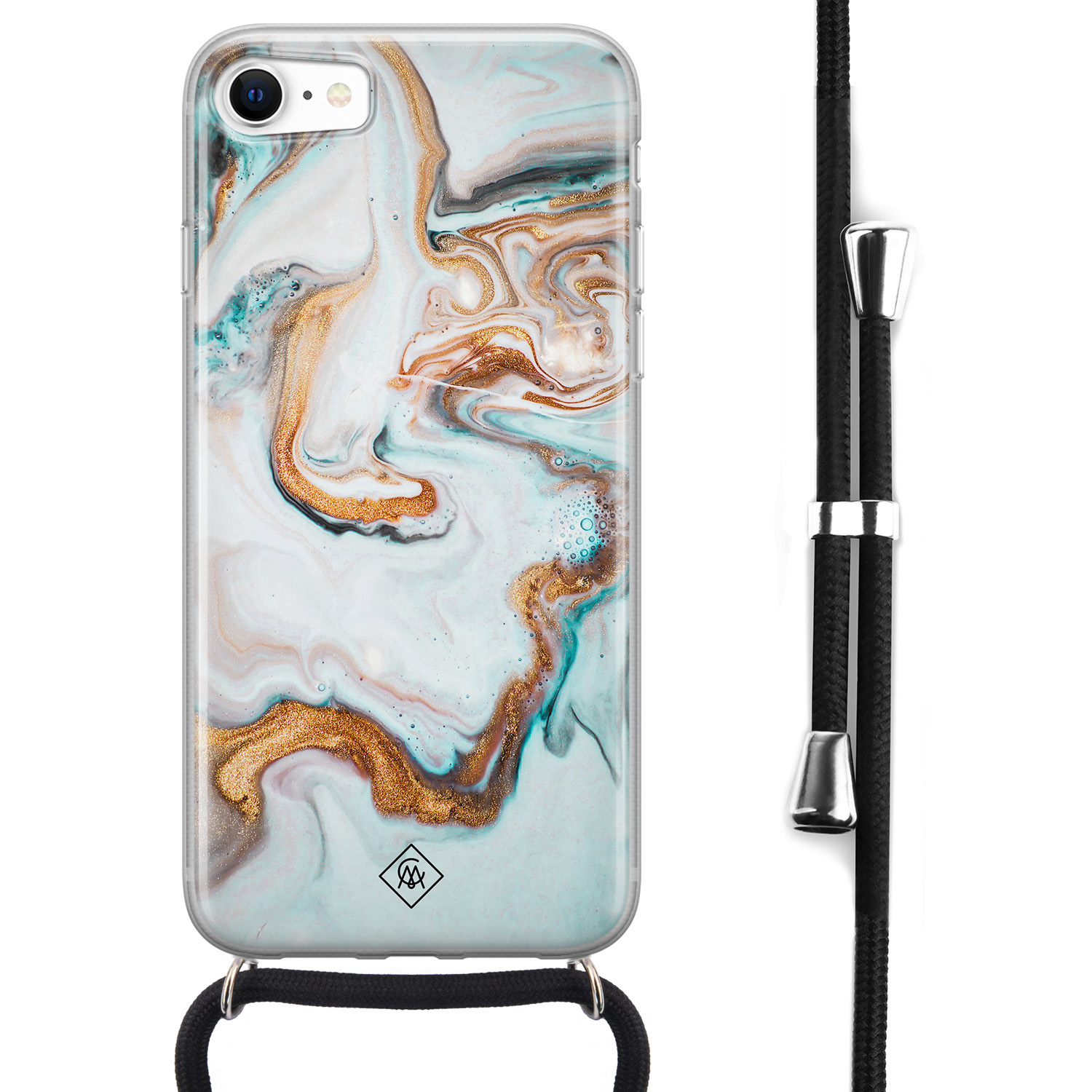 iPhone SE 2020 hoesje met koord Marmer blauw goud