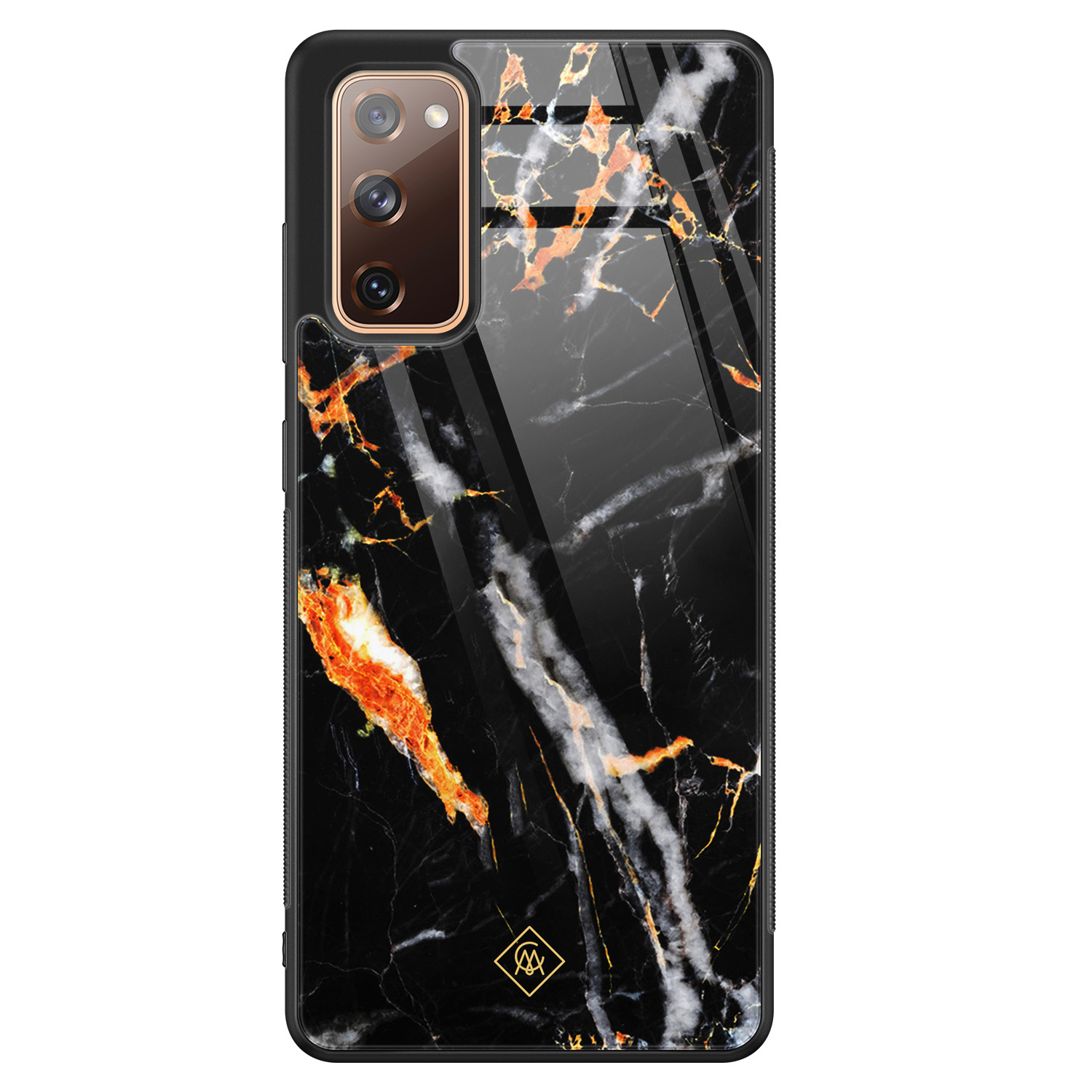 Samsung Galaxy S20 FE glazen hardcase Marmer zwart oranje