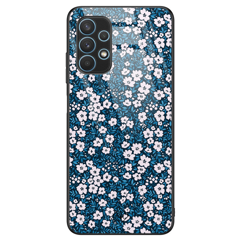 Casimoda Samsung Galaxy A32 4G glazen hardcase - Bloemen blauw