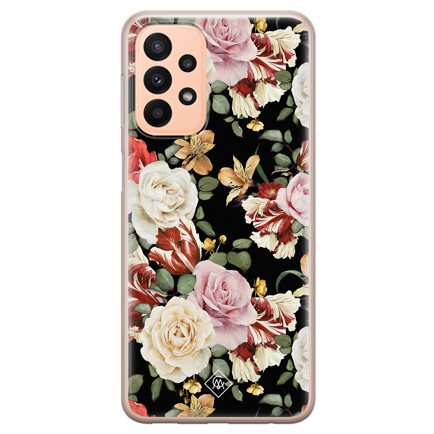 Samsung A23 hoesje siliconen - Bloemen flowerpower | Samsung Galaxy A23 case | zwart | TPU backcover transparant