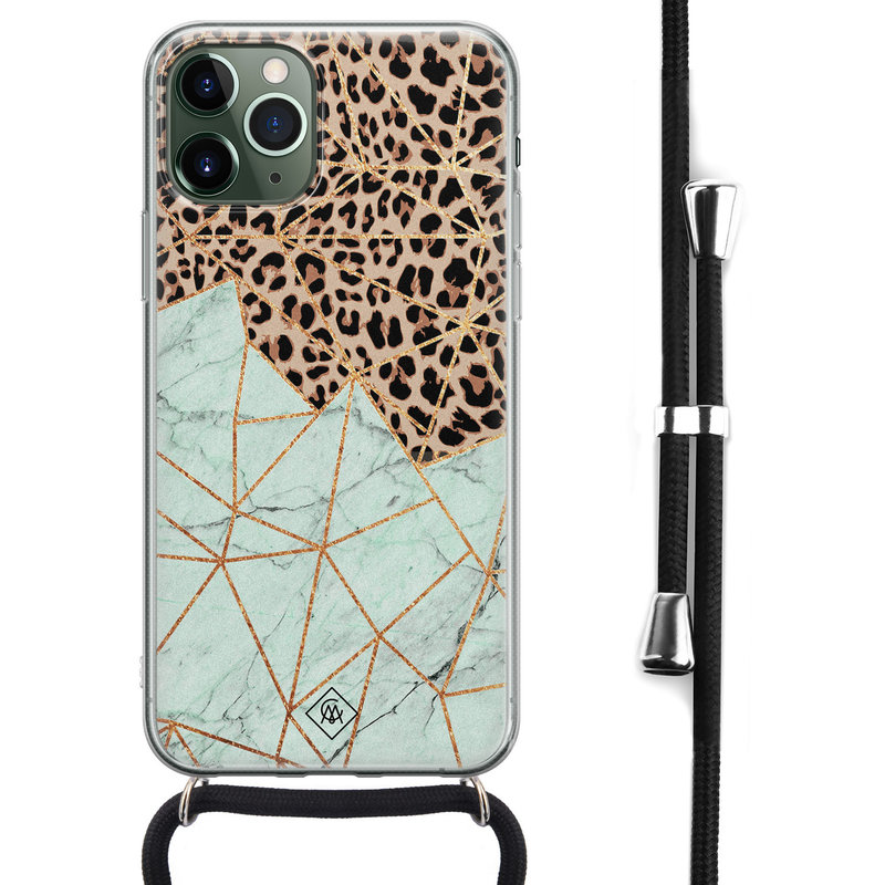 Casimoda iPhone 11 Pro Max hoesje met koord - Crossbody - Luipaard marmer mint