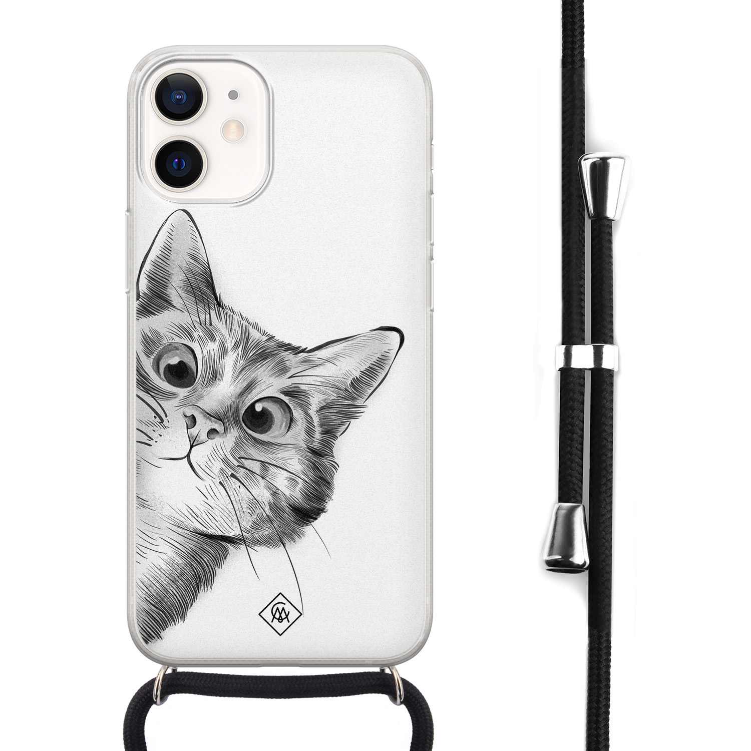 iPhone 12 mini hoesje met koord - Kiekeboe kat