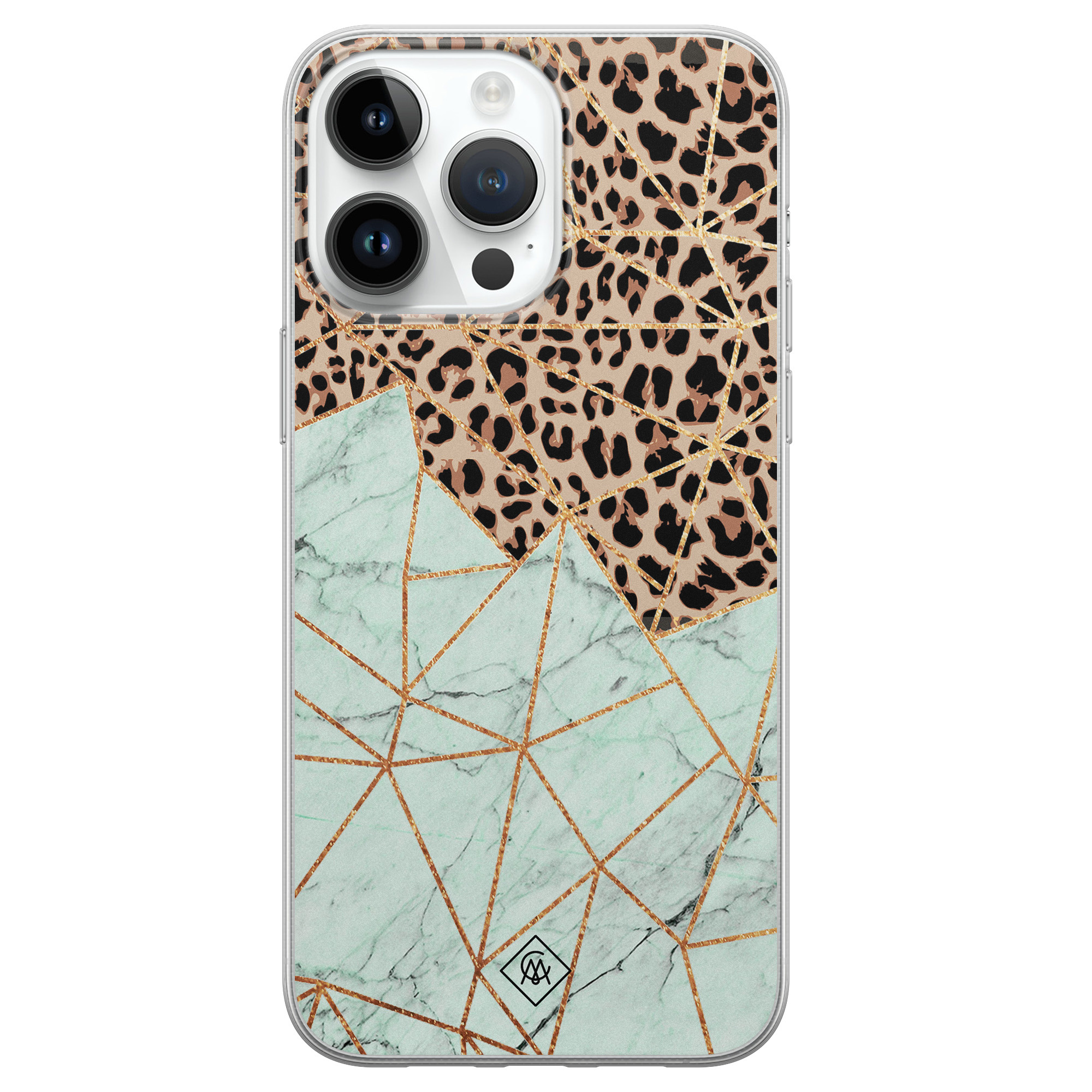 iPhone 14 Pro Max siliconen hoesje - Luipaard marmer mint