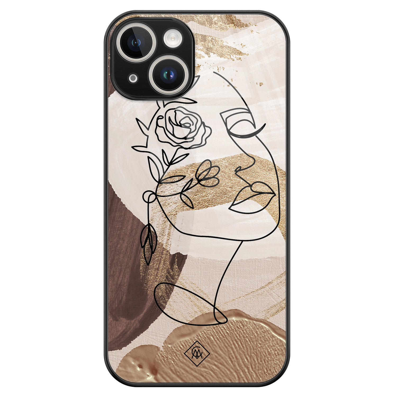 iPhone 14 glazen hardcase - Abstract gezicht bruin