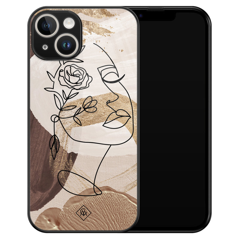 Casimoda iPhone 14 glazen hardcase - Abstract gezicht bruin