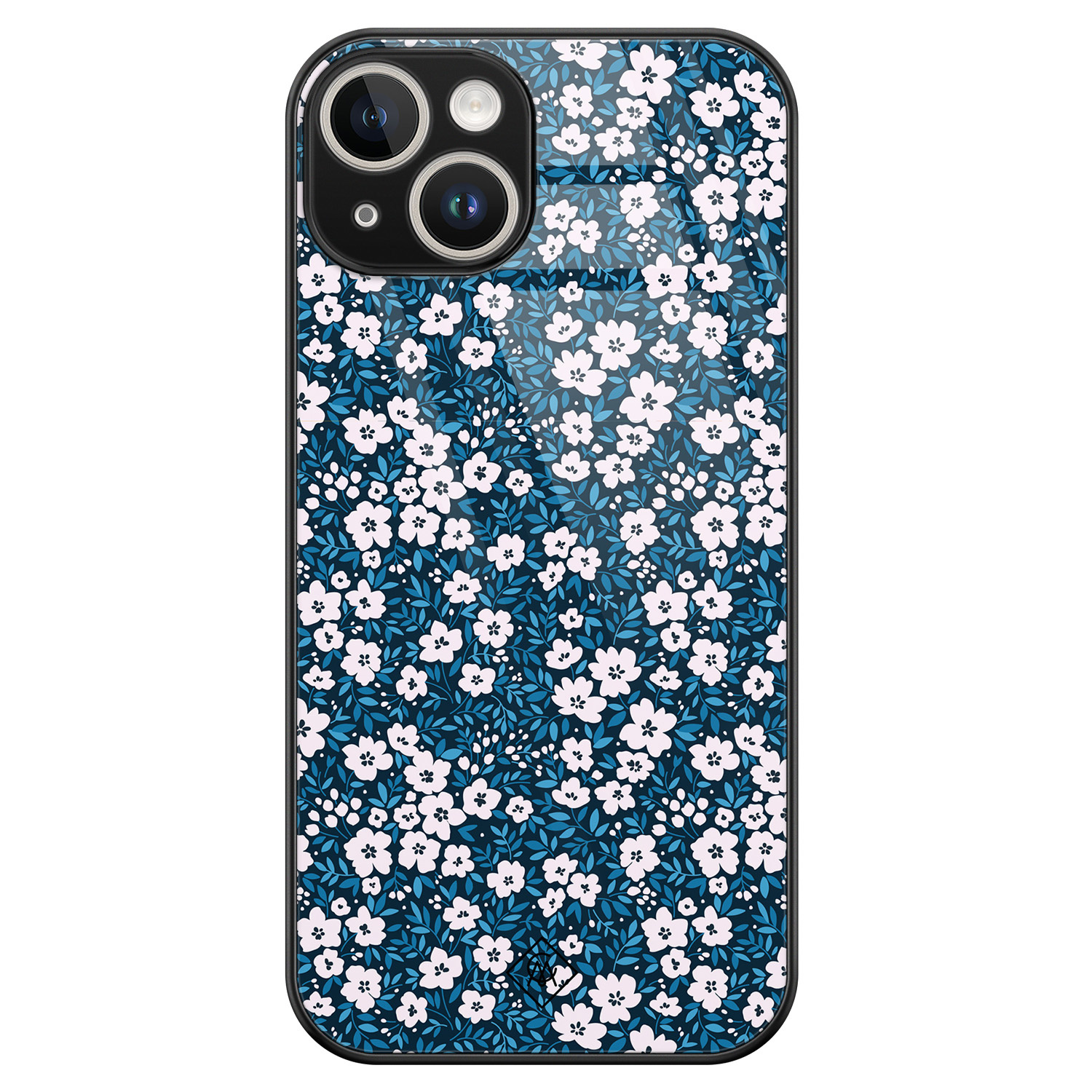 iPhone 14 glazen hardcase - Bloemen blauw