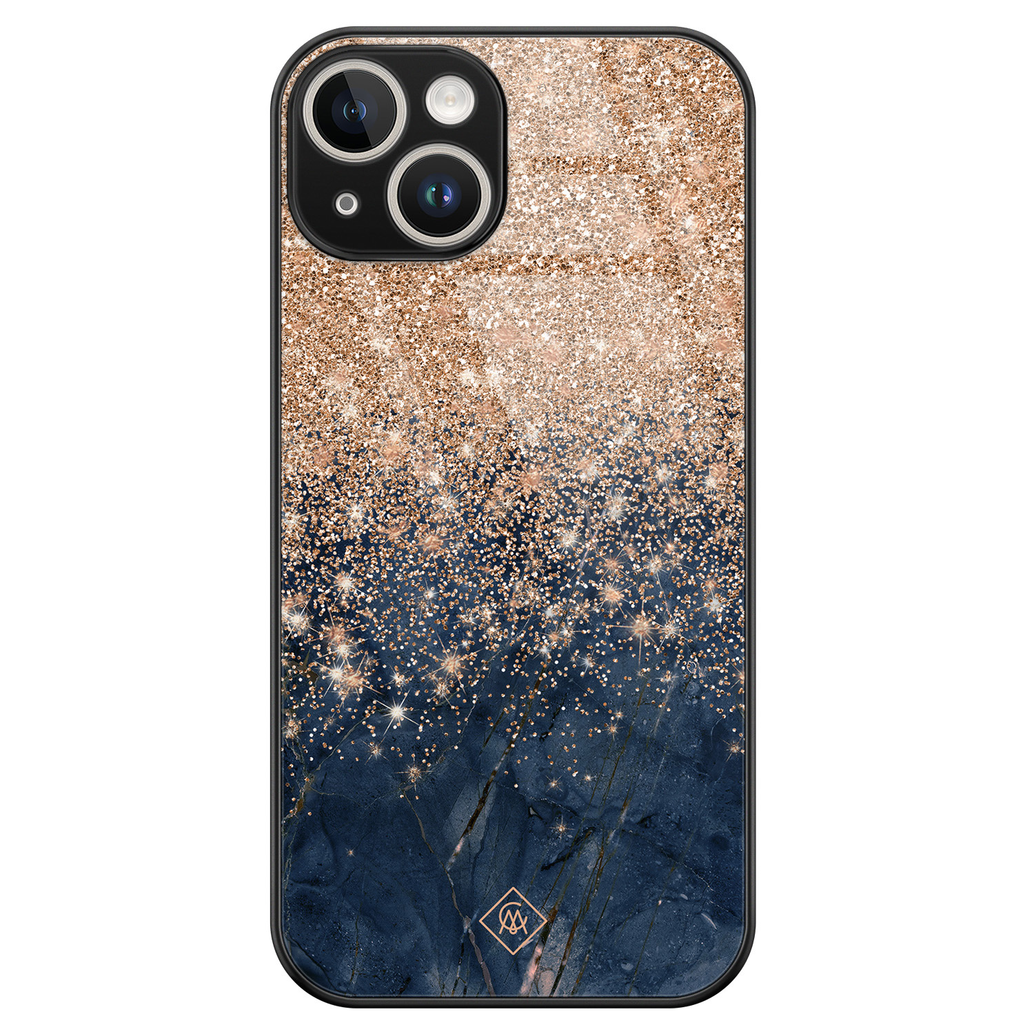 iPhone 14 glazen hardcase - Marmer blauw rosegoud