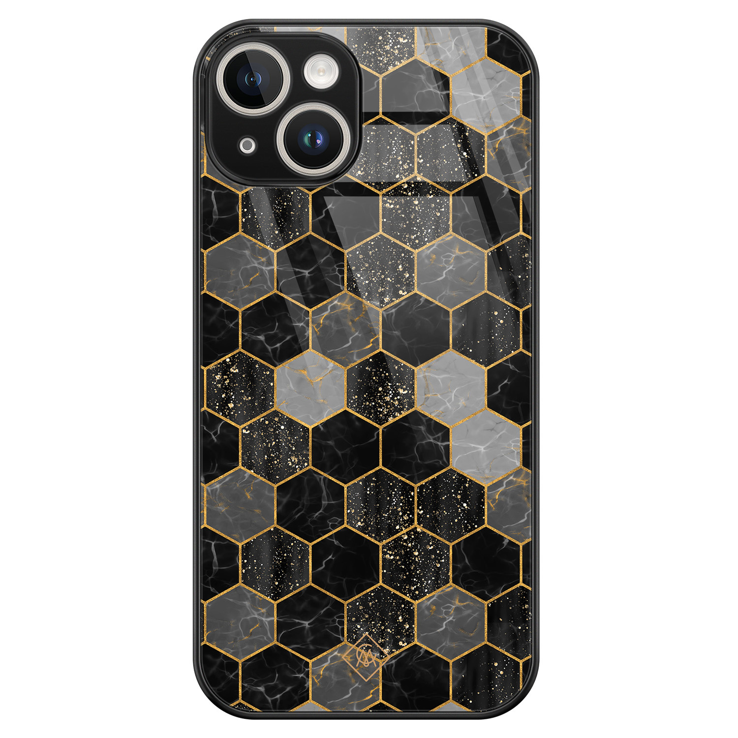iPhone 14 glazen hardcase - Hexagons zwart