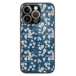 Casimoda iPhone 14 Pro glazen hardcase - Bloemen blauw