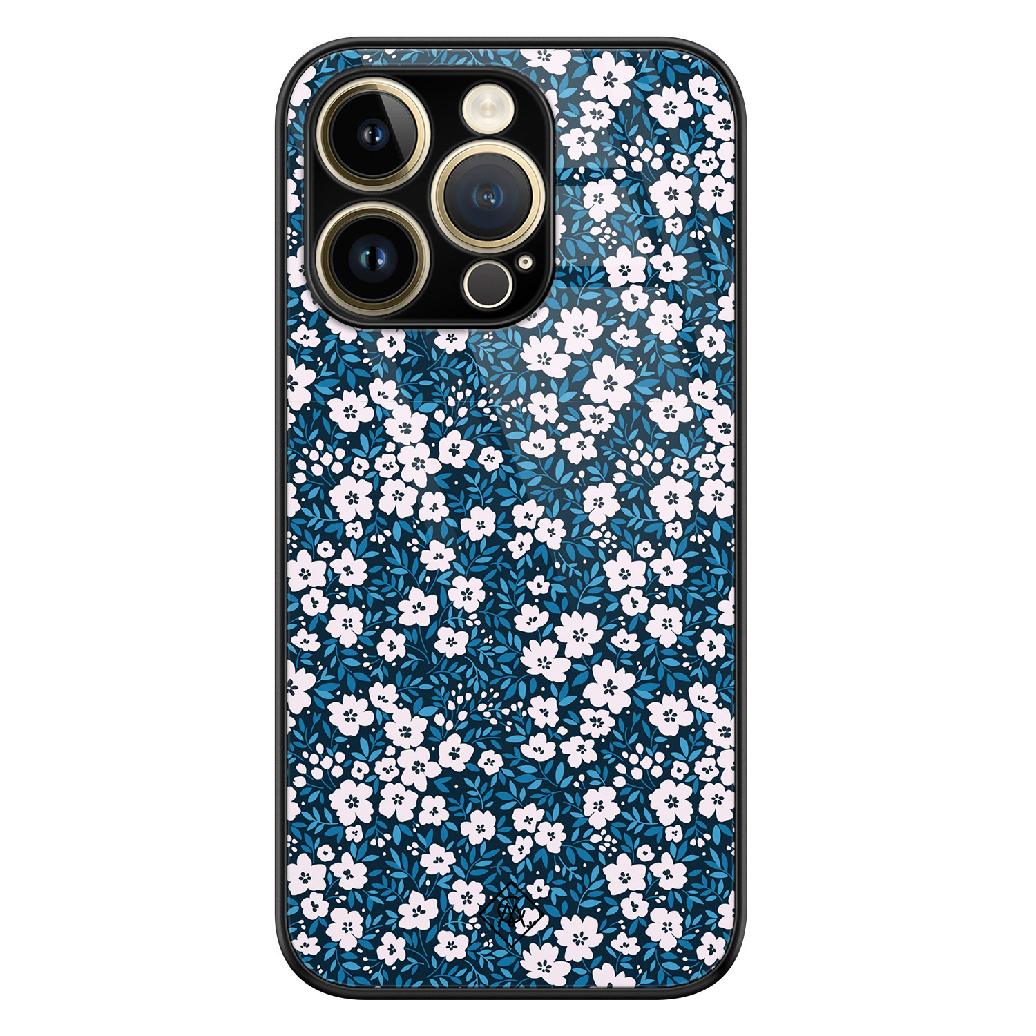 iPhone 14 Pro glazen hardcase - Bloemen blauw