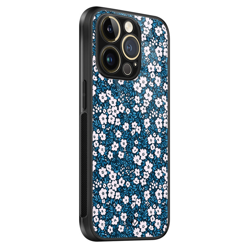 Casimoda iPhone 14 Pro glazen hardcase - Bloemen blauw