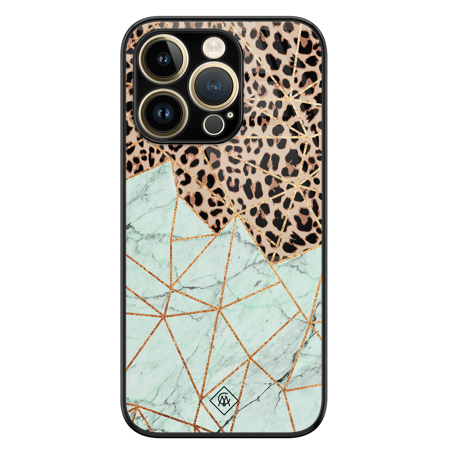 iPhone 14 Pro glazen hardcase - Luipaard marmer mint