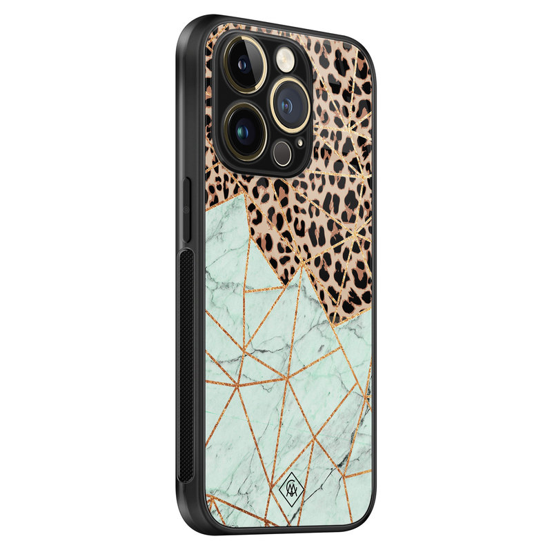Casimoda iPhone 14 Pro glazen hardcase - Luipaard marmer mint