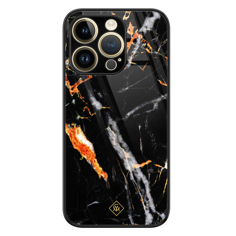 Casimoda iPhone 14 Pro glazen hardcase - Marmer zwart oranje
