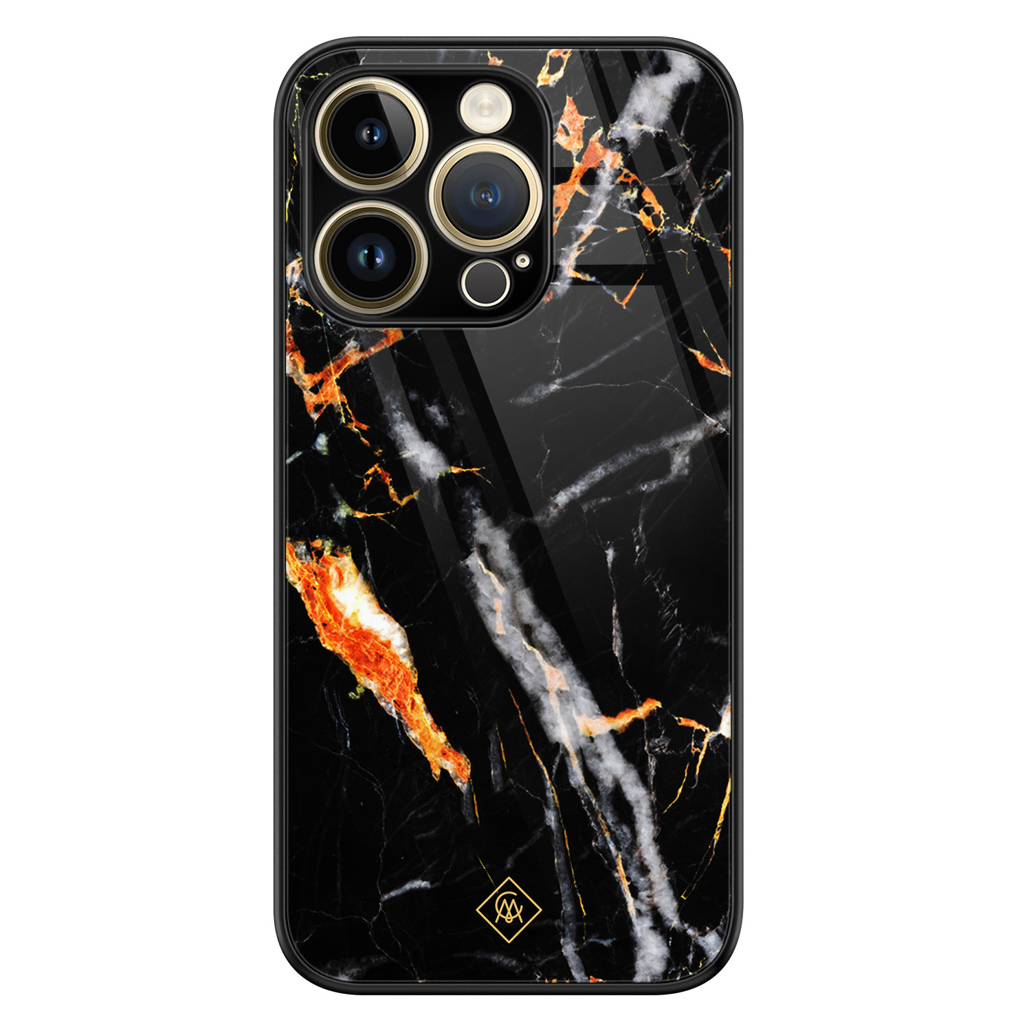 iPhone 14 Pro glazen hardcase - Marmer zwart oranje