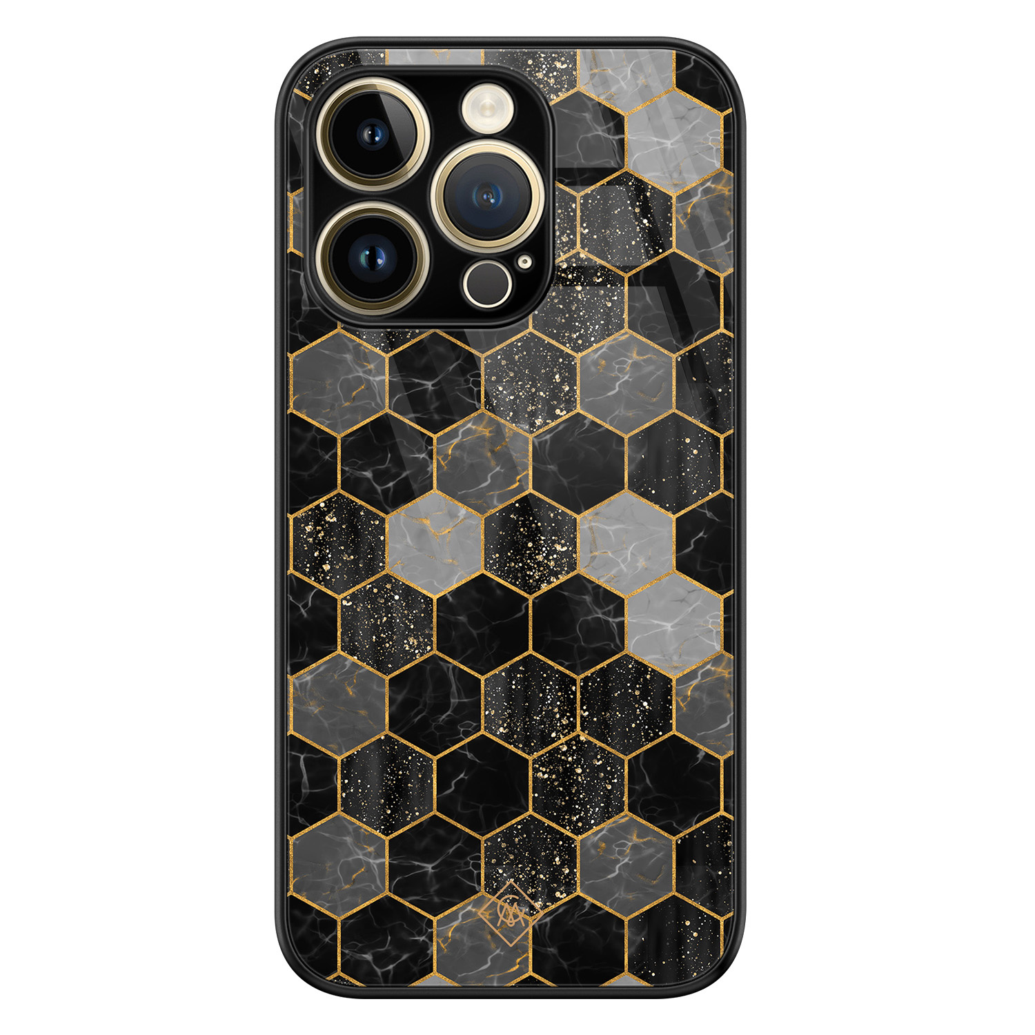 iPhone 14 Pro glazen hardcase - Hexagons zwart