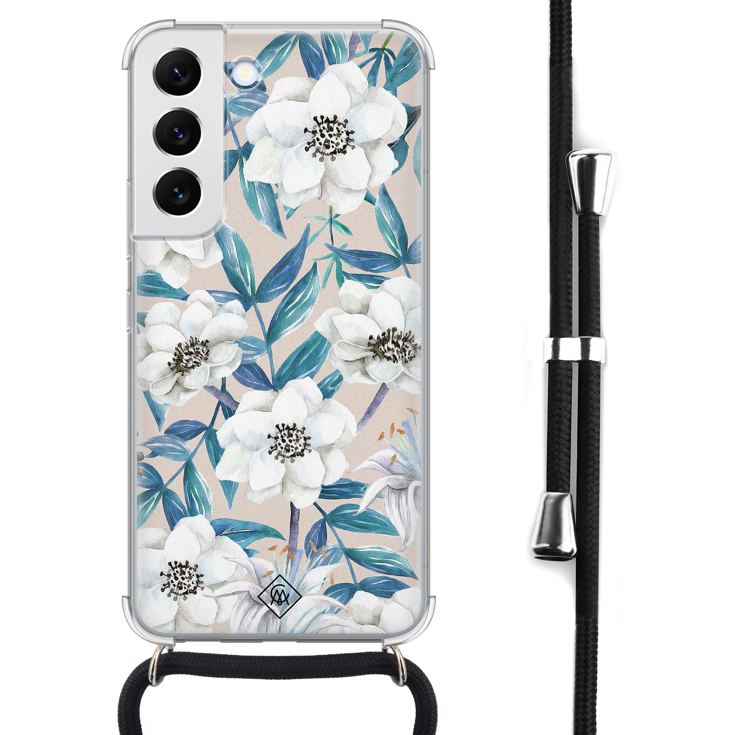 Samsung Galaxy S22 hoesje met koord - Bloemen / Floral blauw - Blauw - Bloemen - Afneembaar zwart koord - Crossbody - Schokbestendig - Casimoda