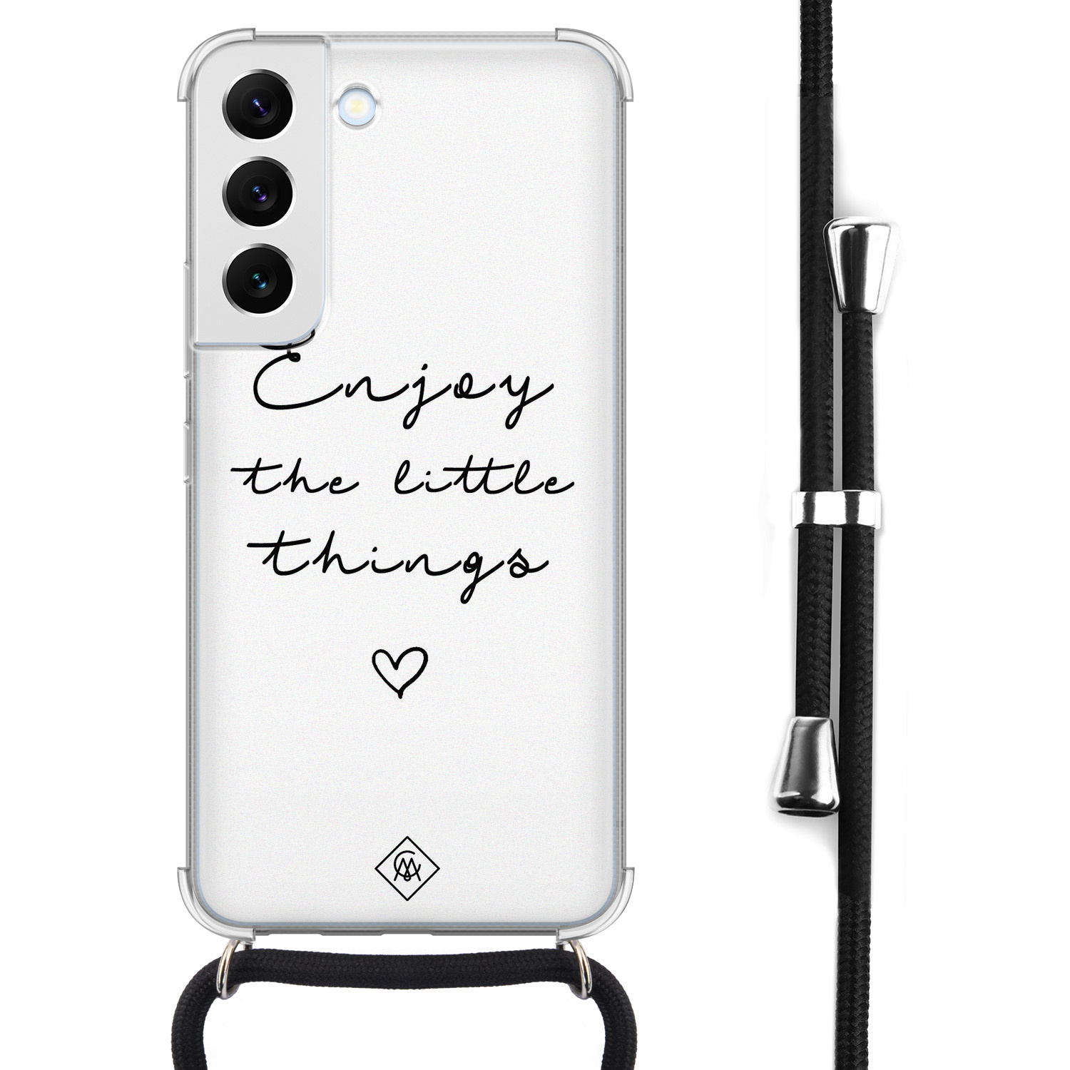 Samsung Galaxy S22 hoesje met koord - Enjoy life - Wit - Tekst - Afneembaar zwart koord - Crossbody - Schokbestendig - Casimoda