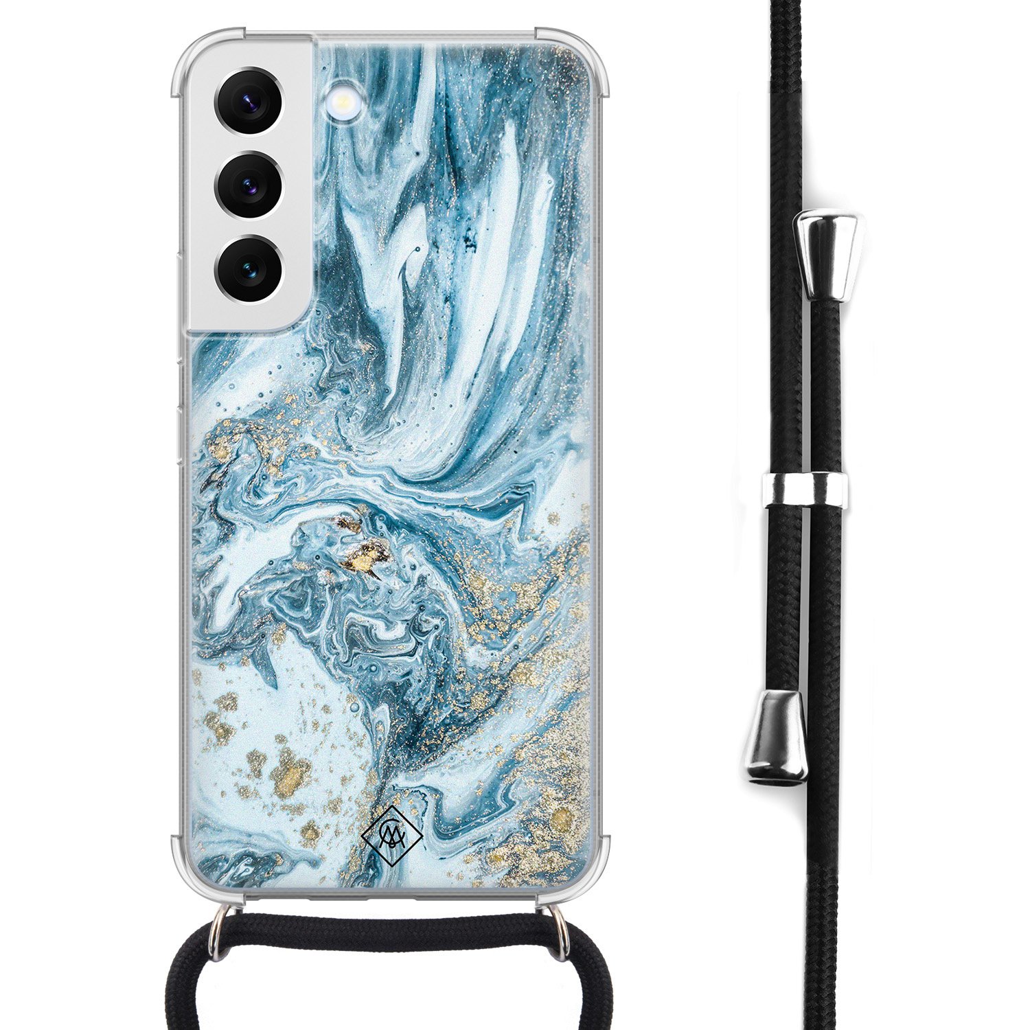 Samsung Galaxy S22 hoesje met koord - Marble sea - Blauw - Marmer - Afneembaar zwart koord - Crossbody - Schokbestendig - Casimoda