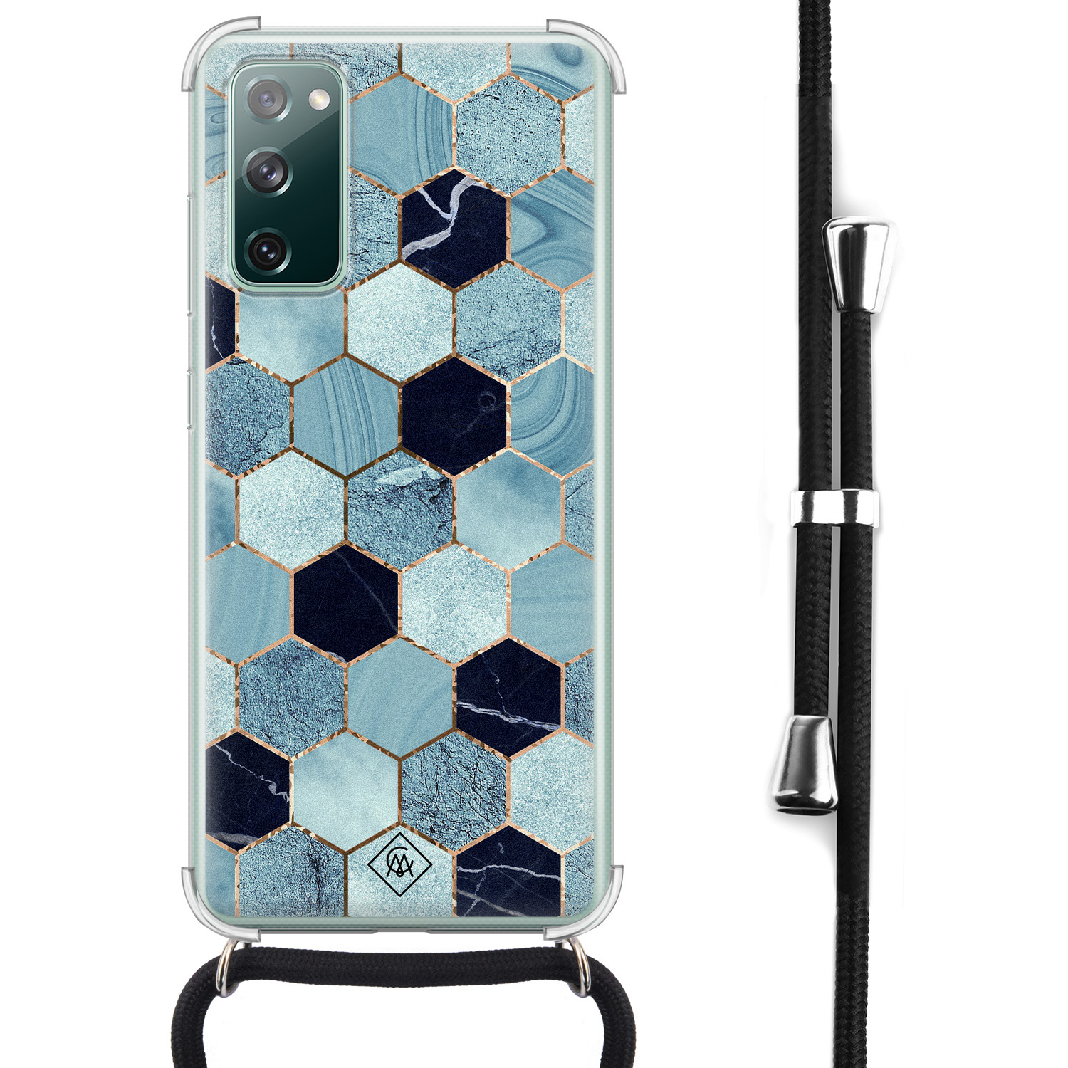 Samsung Galaxy S20 FE hoesje met koord - Blue cubes - Blauw - Marmer - Afneembaar zwart koord - Crossbody - Schokbestendig - Casimoda