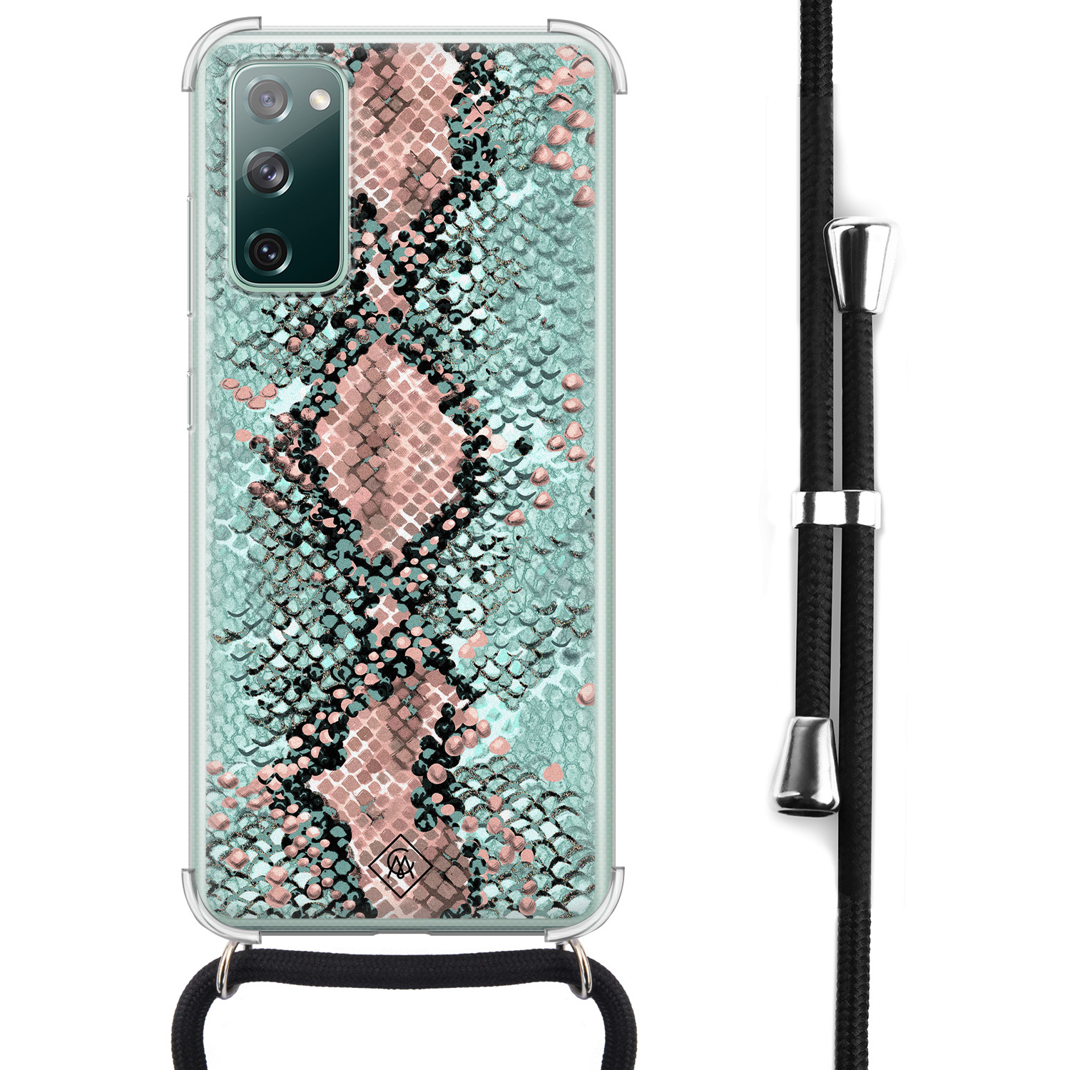 Samsung Galaxy S20 FE hoesje met koord - Slangenprint pastel mint - Mint - Slangenprint - Afneembaar zwart koord - Crossbody - Schokbestendig - Casimoda