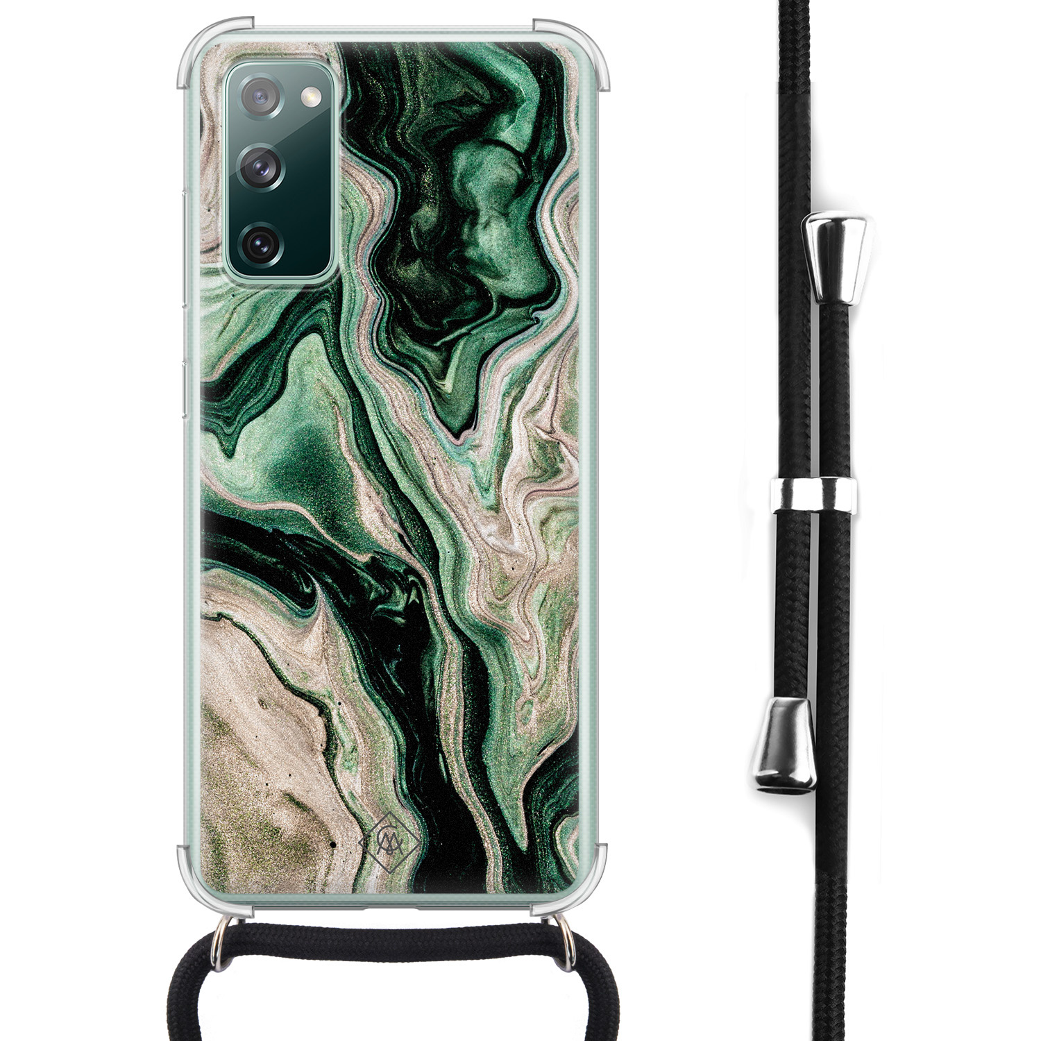 Samsung Galaxy S20 FE hoesje met koord - Groen marmer / Marble - Groen - Water - Afneembaar zwart koord - Crossbody - Schokbestendig - Casimoda