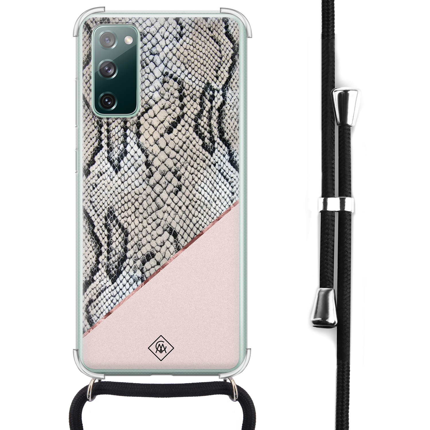 Samsung Galaxy S20 FE hoesje met koord - Snake print roze - Roze - Slangenprint - Afneembaar zwart koord - Crossbody - Schokbestendig - Casimoda