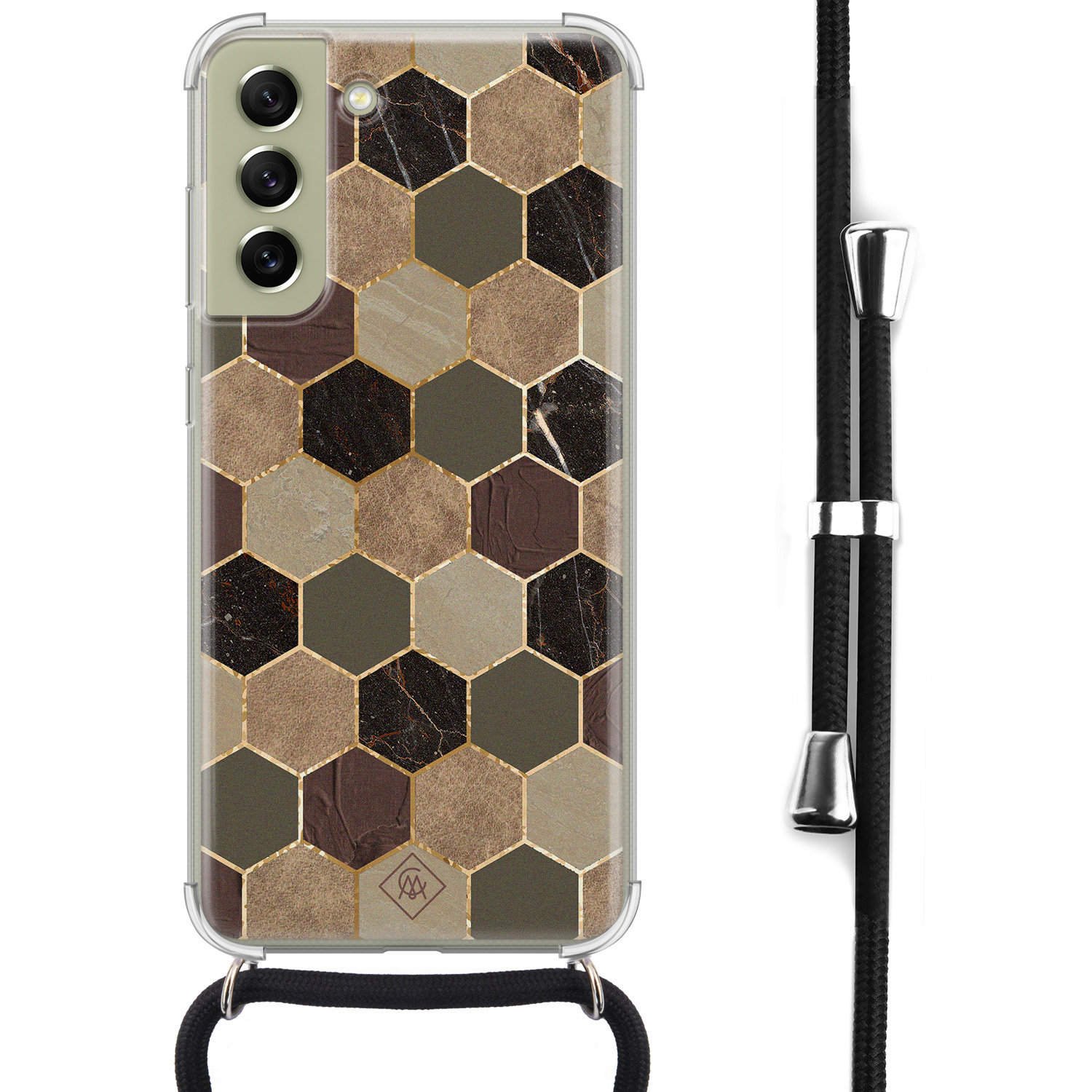 Samsung Galaxy S21 FE hoesje met koord Kubus groen bruin