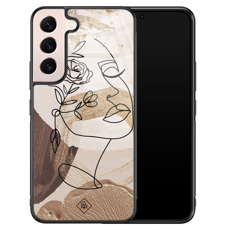 Casimoda Samsung Galaxy S22 glazen hardcase - Abstract gezicht bruin