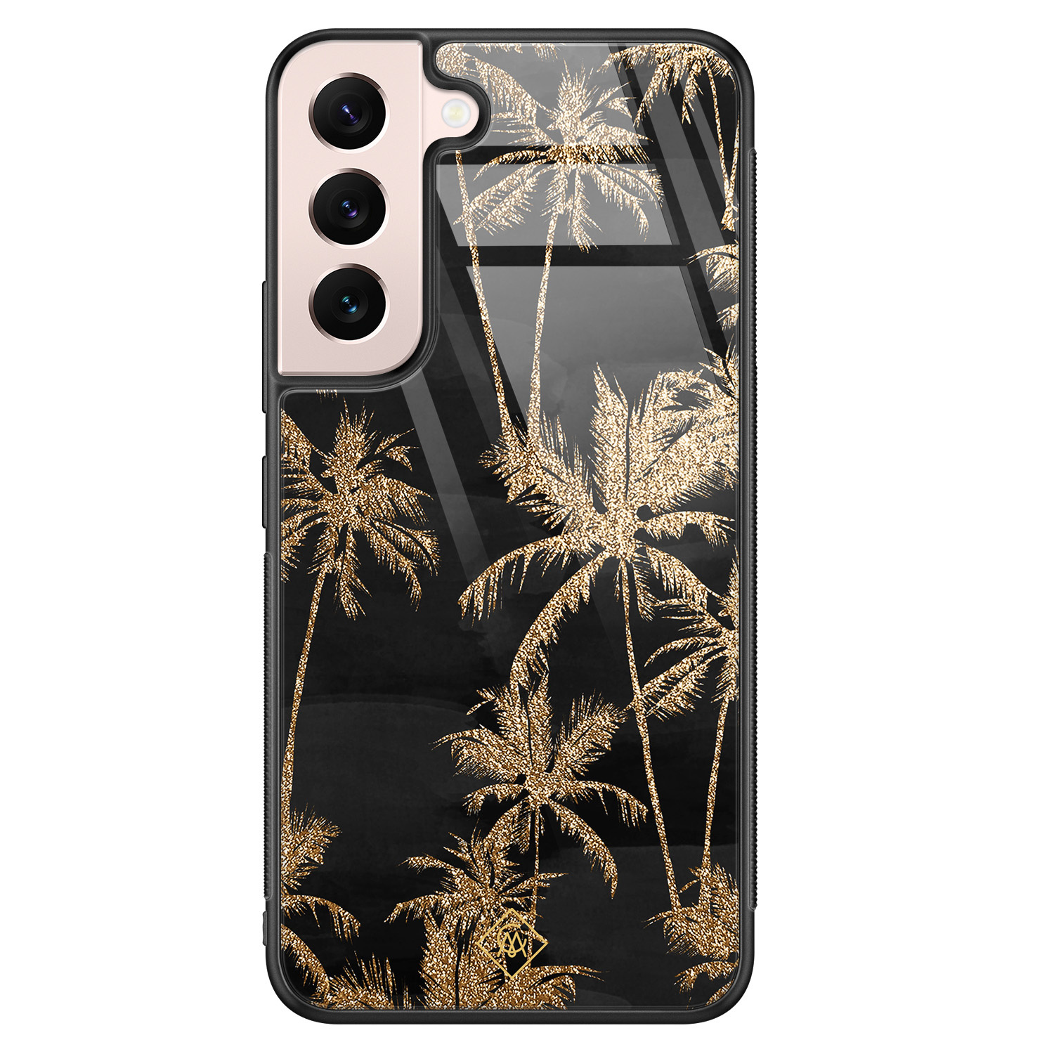 Samsung Galaxy S22 hoesje glas - Palmbomen - Zwart - Hard Case Zwart - Backcover telefoonhoesje - Planten - Casimoda