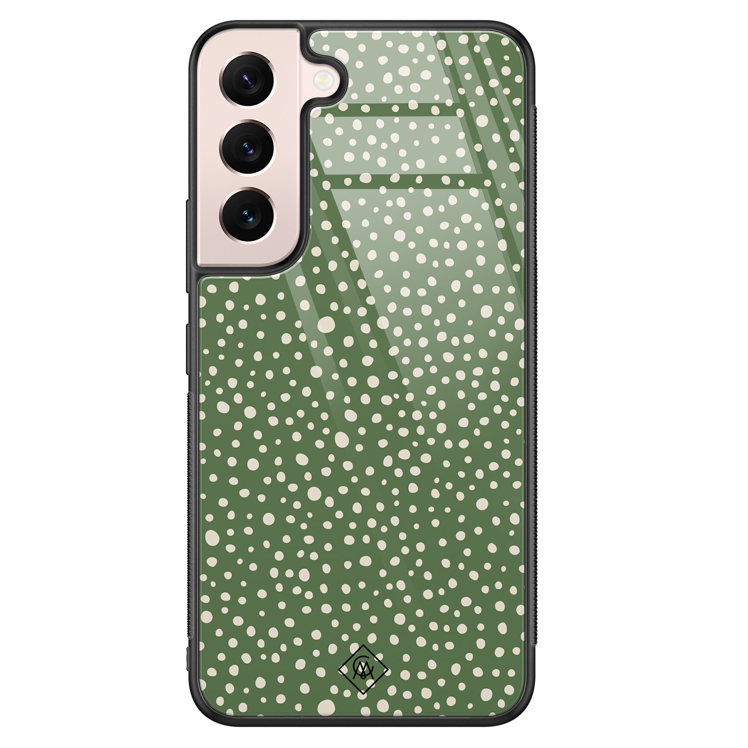 Samsung Galaxy S22 hoesje glas - Green dots - Groen - Hard Case Zwart - Backcover telefoonhoesje - Gestipt - Casimoda