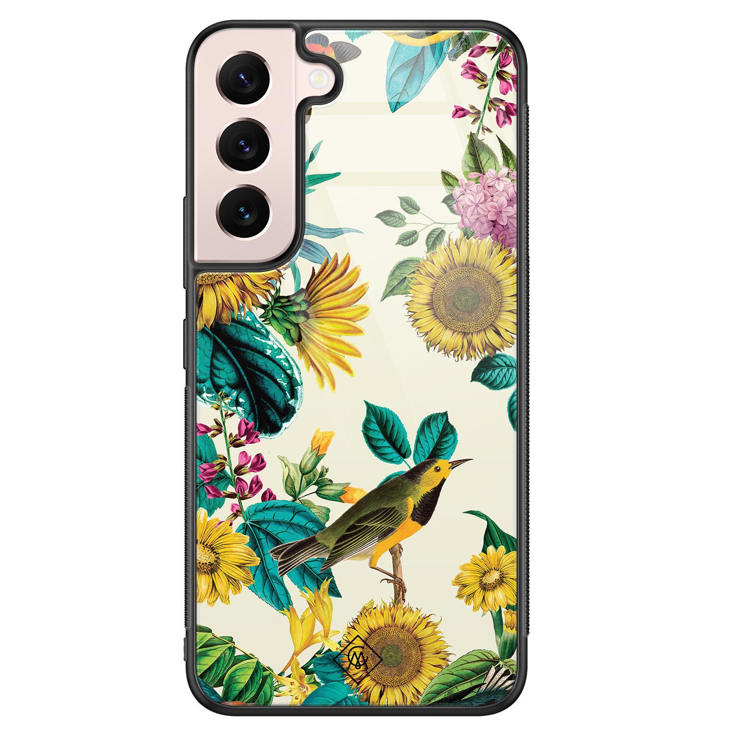 Samsung Galaxy S22 hoesje glas - Zonnebloemen / Bloemen - Geel - Hard Case Zwart - Backcover telefoonhoesje - Bloemen - Casimoda