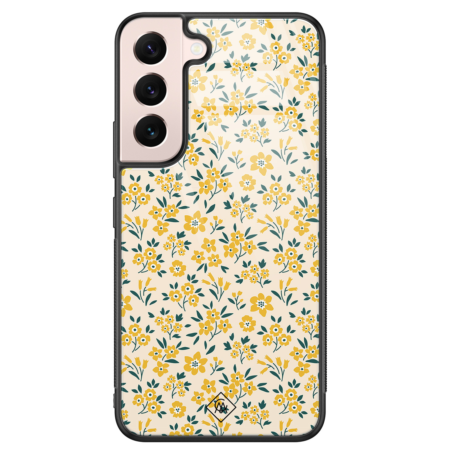 Samsung Galaxy S22 hoesje glas - Yellow garden - Geel - Hard Case Zwart - Backcover telefoonhoesje - Bloemen - Casimoda