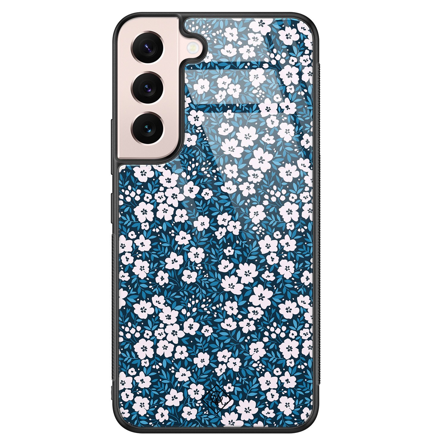 Samsung Galaxy S22 hoesje glas - Bloemen blauw - Blauw - Hard Case Zwart - Backcover telefoonhoesje - Bloemen - Casimoda