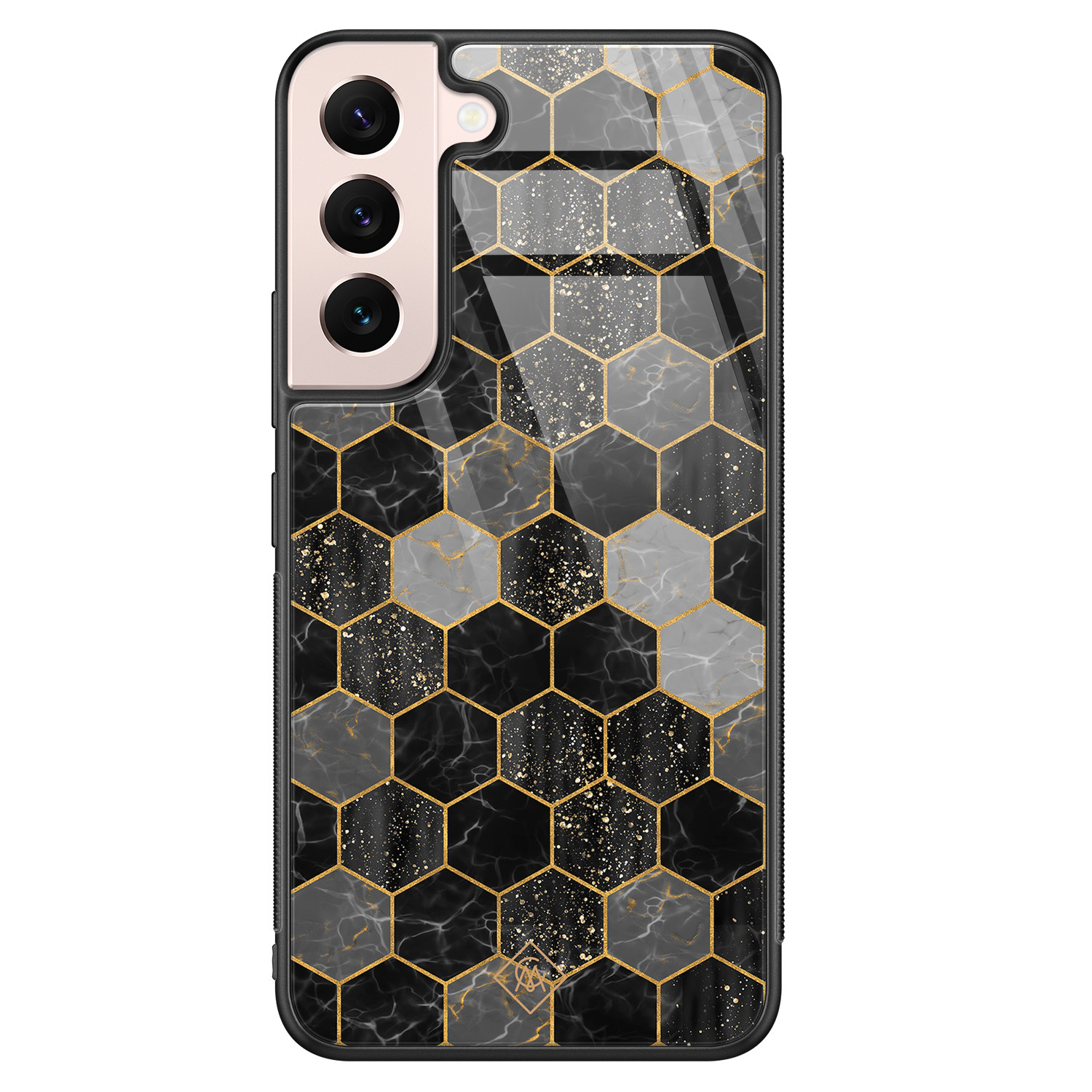 Samsung Galaxy S22 hoesje glas - Hexagons zwart - Zwart - Hard Case Zwart - Backcover telefoonhoesje - Geometrisch patroon - Casimoda