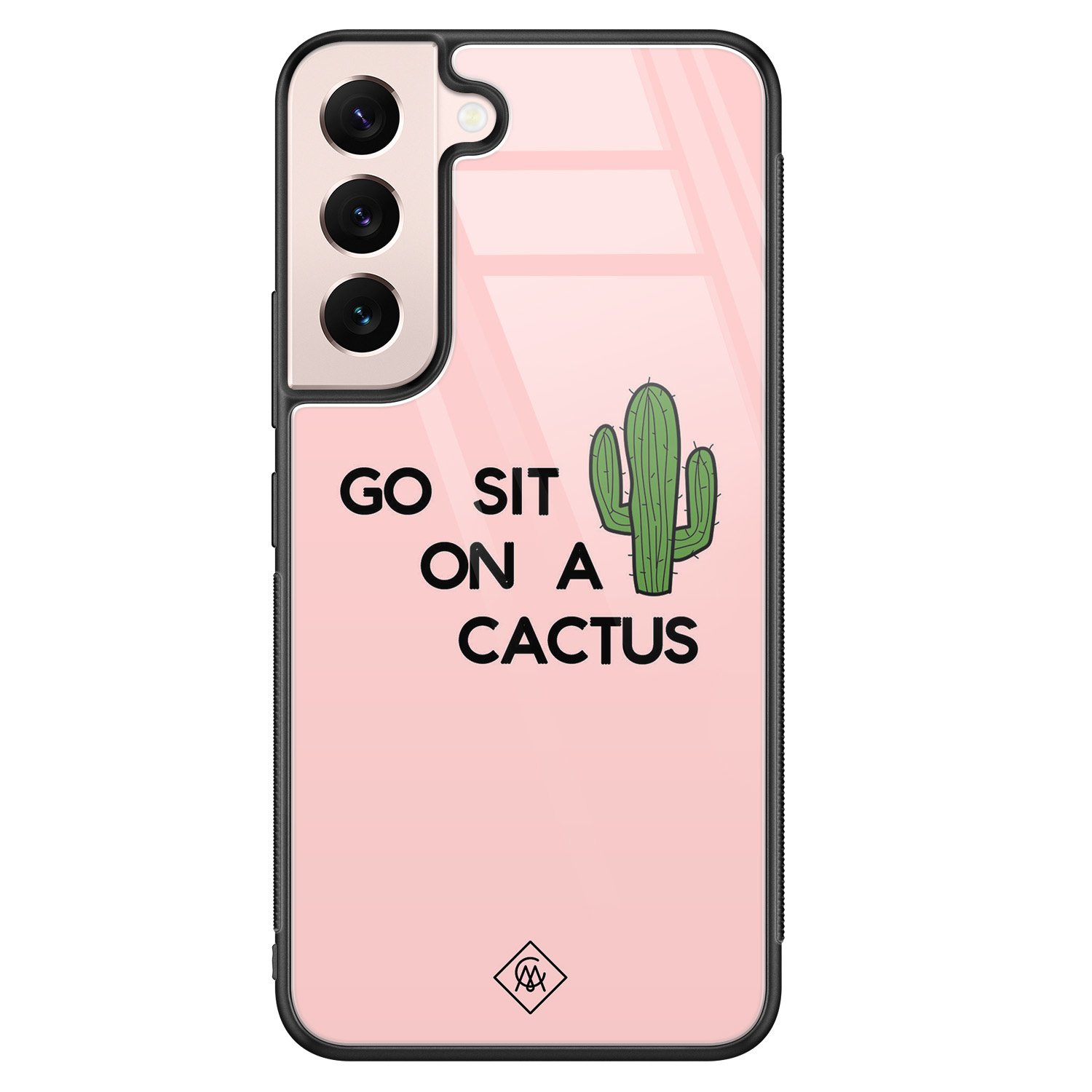 Samsung Galaxy S22 hoesje glas - Go sit on a cactus - Roze - Hard Case Zwart - Backcover telefoonhoesje - Planten - Casimoda