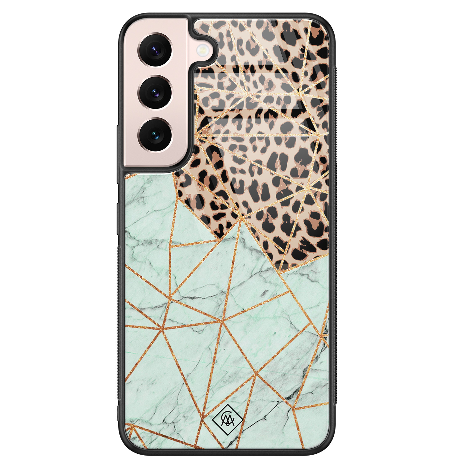 Samsung Galaxy S22 hoesje glas - Luipaard marmer mint - Bruin - Hard Case Zwart - Backcover telefoonhoesje - Luipaardprint - Casimoda