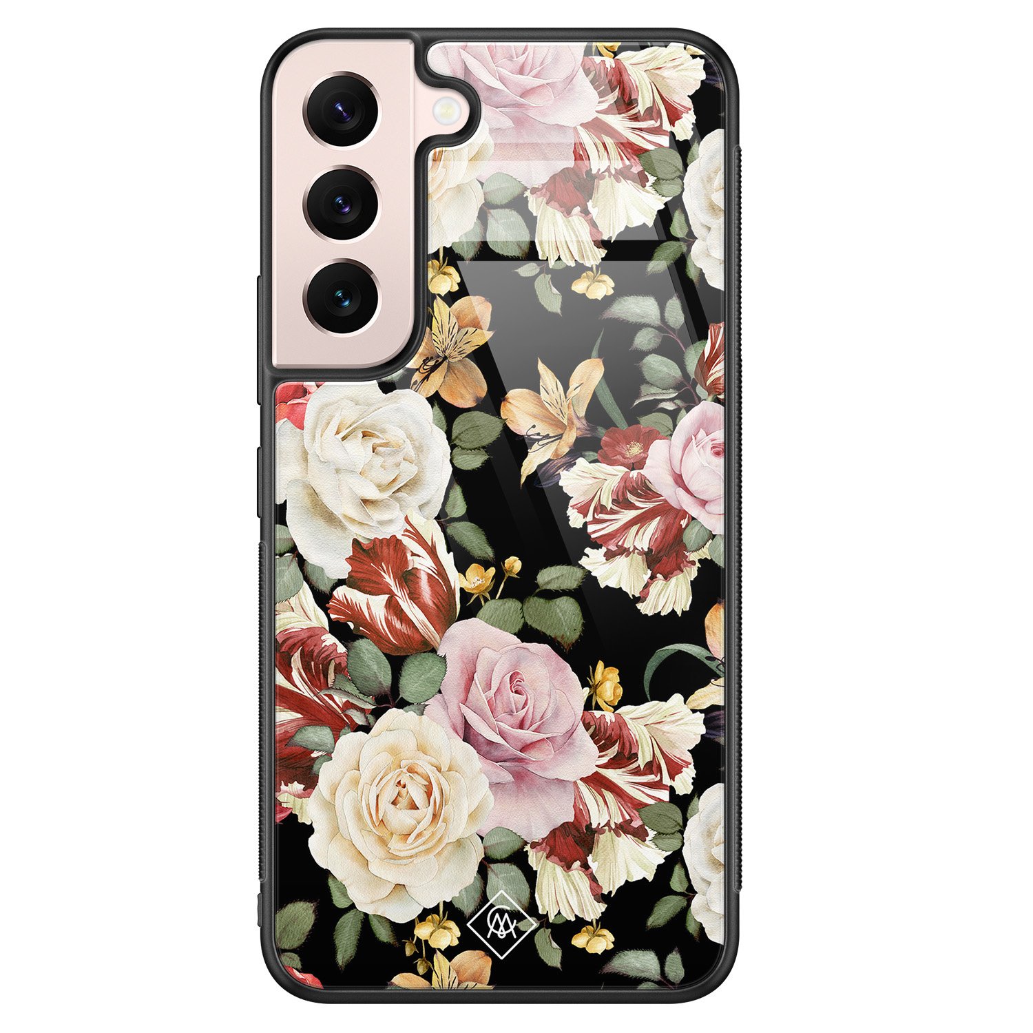 Samsung Galaxy S22 hoesje glas - Bloemen flowerpower - Multi - Hard Case Zwart - Backcover telefoonhoesje - Bloemen - Casimoda