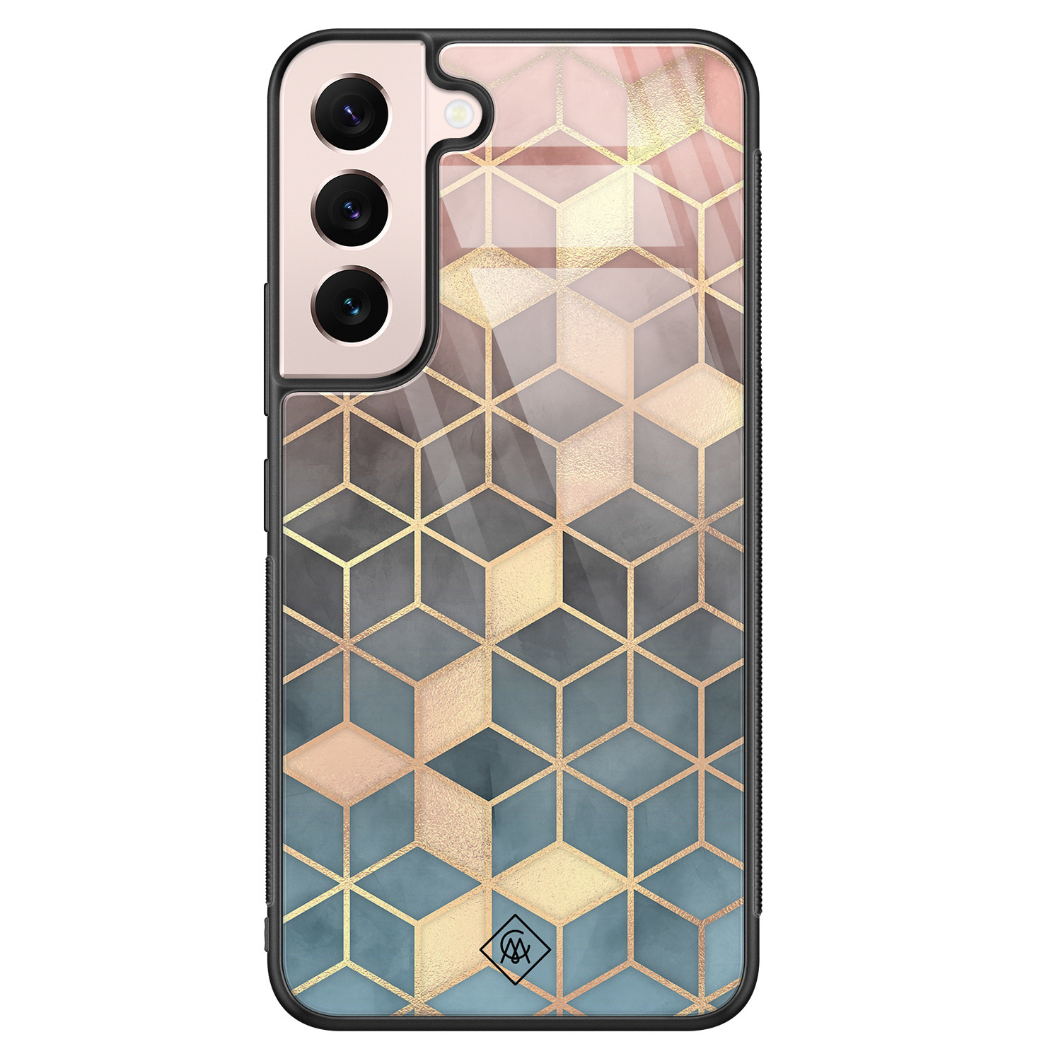 Samsung Galaxy S22 hoesje glas - Cubes art - Multi - Hard Case Zwart - Backcover telefoonhoesje - Geometrisch patroon - Casimoda