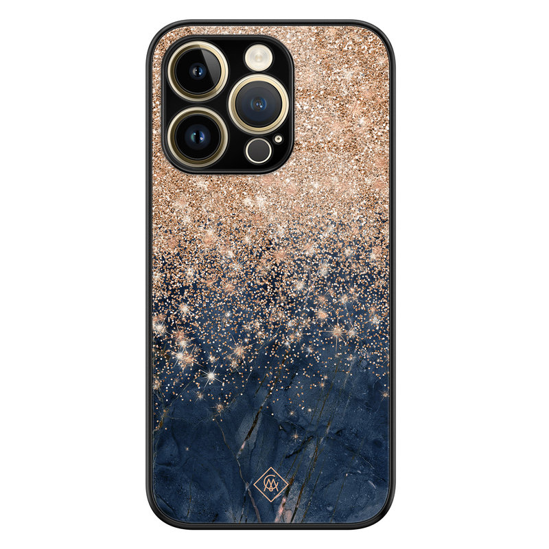 Casimoda iPhone 14 Pro Max glazen hardcase - Marmer blauw rosegoud